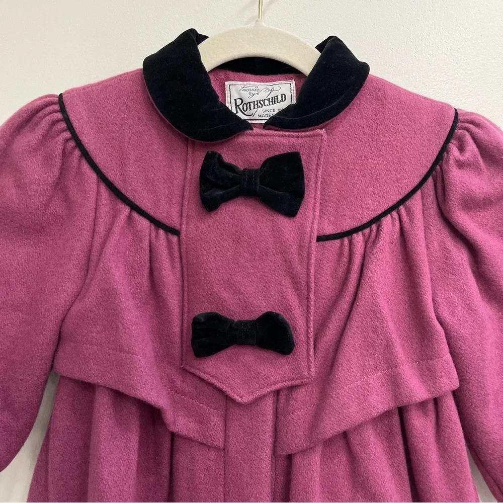 Vintage Rothschild Girls 4 Wool Coat Purple Black Velvet Bows Union Tag USA